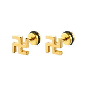 Macro detail of golden stainless steel swastika stud earrings with brushed metal texture