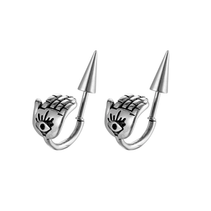 Silver Hamsa hand stud earrings with punk style tapered spikes in stainless steel