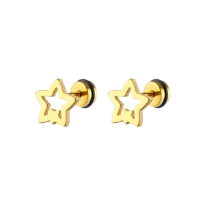 Macro detail of gold hollow star earrings with secure black rubber backings
