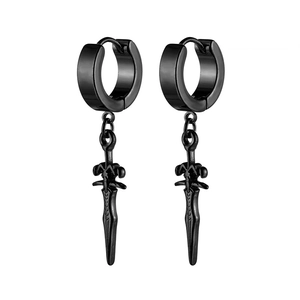 Pair of black stainless steel sword drop earrings with vintage engraved detailing