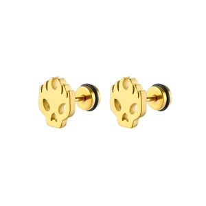 Detailed view of gold stainless steel stud earrings with skull flame design and secure backings