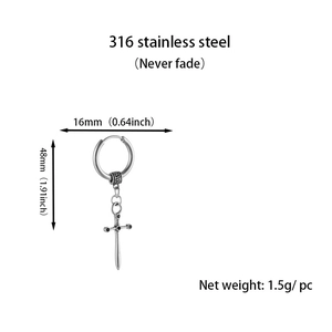 Retro stainless steel hoop earring with cross sword pendant and black gemstone detail