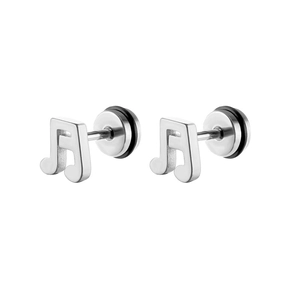 Close-up of polished stainless steel musical note earrings with secure rubber backings