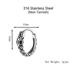 Silver stainless steel snake scale hoop earrings with black gemstone and 316L branding