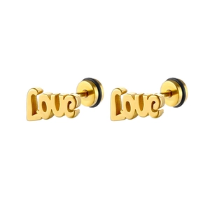 Detail of gold LOVE letter earrings with screw back and black rubber ring fasteners