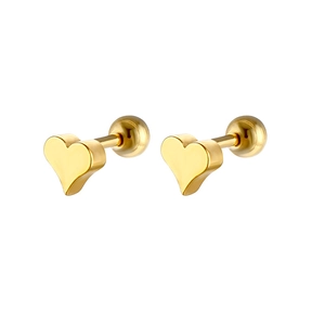 Detailed macro view of gold heart stud earrings with secure ball back screw closure