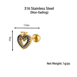 Boucle d'oreille cartilage cœur en acier 316L avec cristal et bordure de perles noires