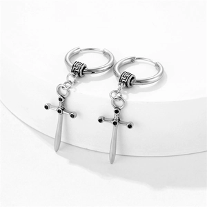 Vintage stainless steel huggie earrings featuring a cross sword pendant with black stone