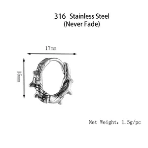 Punk 316 stainless steel thorn textured hoop earrings for men and women in silver finish