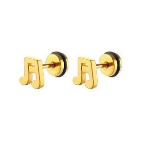 Macro detail of gold stainless steel music note earrings with secure rubber backs