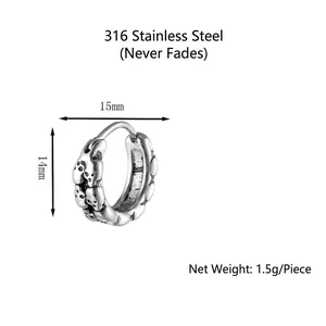 Boucles d'oreilles créoles tête de mort homme acier 316L, taille 15mm x 14mm, 1.5g