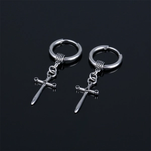 Retro Stainless Steel Sword Hoop Earring Punk Gothic Hip Hop Jewelry For Men Women Vintage Steel Color Dangle Earring