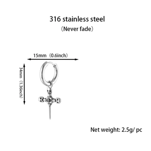 Punk Silber Edelstahl Ohrring mit einem gotischen Totenkopf und Kreuzschwert Anhänger