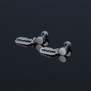 Polished stainless steel razor blade drop earrings with industrial minimalist stud design