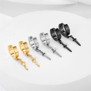 Three pairs of stainless steel dagger hoop earrings in gold silver and black finishes