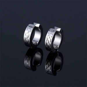 Silver stainless steel clip-on earrings with engraved fish scale pattern and mirror reflection