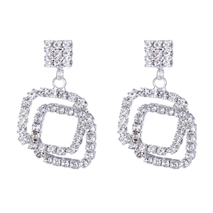 Sparkling geometric square drop earrings with full crystal pavé in silver finish