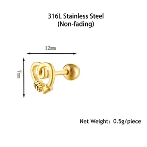 Polished 316 stainless steel heart and arrow spiral stud earring with gold finish