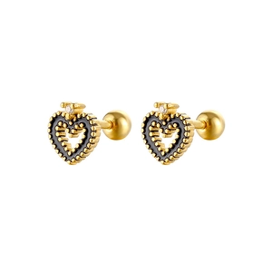 Boucles d'oreilles cœur dorées en émail noir avec milgrain et pierres de zircone