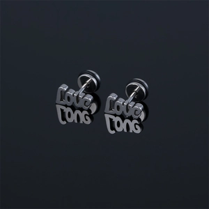 Polished stainless steel LOVE letter stud earrings for men and women on black surface