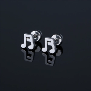 Polished stainless steel musical note stud earrings for women with elegant silver finish