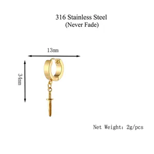 Gold stainless steel punk dagger drop earrings with durable 316L sword pendant design