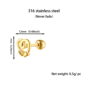Detail of 316 stainless steel gold heart stud earring with 12mm width and 7mm height