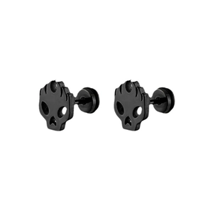 Unisex gothic black matte stainless steel angry skull stud earrings in a pair