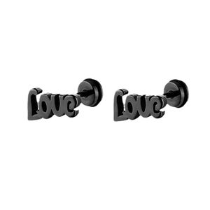 Minimalist black stainless steel stud earrings with Love lettering design for men and women