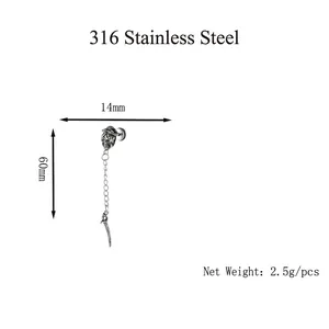 Punk 316 stainless steel skull stud earring with long chain and dagger pendant charm