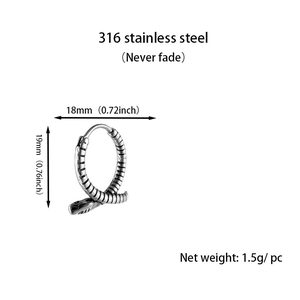 Gothic style snake hoop earring in 316 stainless steel with detailed scale texture
