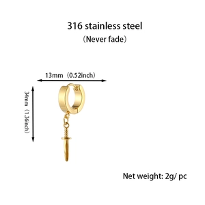 Detailed view of golden 316 stainless steel hoop earring with sword dagger pendant