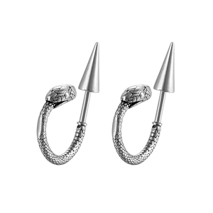 Punk silver snake huggie earrings with textured scales and spike detail for women and men