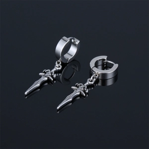 Polished silver stainless steel dagger sword dangle hoop earrings with master sword design