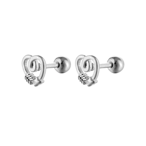 Detailed view of silver heart-shaped earrings with spiral pattern and arrow design
