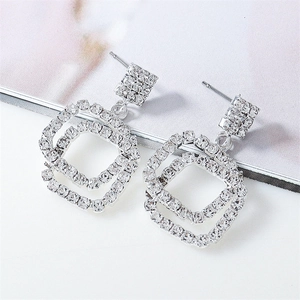 Modern Geometric Double Square Dangle Earrings Stainless Steel Inlaid Zirconia Silver Tone Drop Earrings For Women Jewelry
