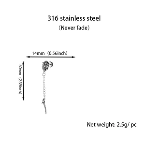 Punk style 316 stainless steel skull stud earring with hanging chain and sword pendant