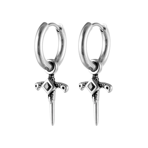 Gothic titanium steel dagger earrings with vintage silver finish and black gemstone inlay
