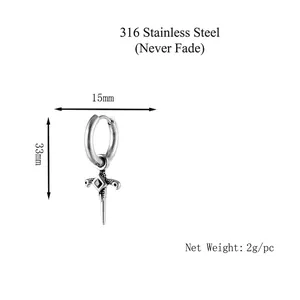 Titanium steel hoop earrings with hanging cross sword pendant and black rhombus inlay