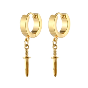 Macro view of polished gold stainless steel dagger pendants on hoop earrings