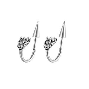 Silver dragon hoop earrings with punk style spikes in polished stainless steel finish