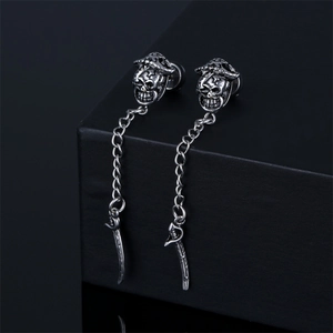 Gothic Skull Sword Chain Stud Earring Stainless Steel Punk Pirate Dagger Pendant Long Drip Earring For Men Women Jewelry