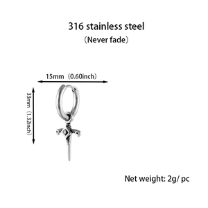 Titanium steel silver cross earring featuring 15mm hoop and 33mm dagger pendant
