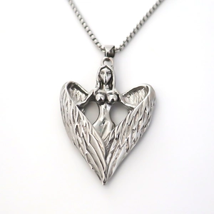 Silver angel wings heart pendant necklace in stainless steel for women and men