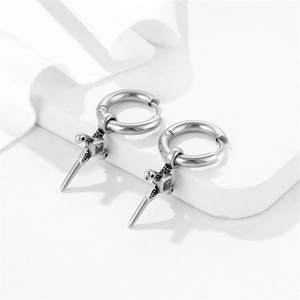 Polished titanium steel hoop earrings with vintage engraved cross sword pendant for men