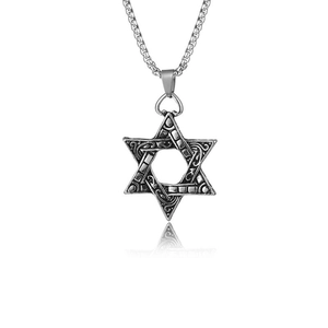 Retro hexagram star pendant necklace in vintage silver finish with embossed patterns