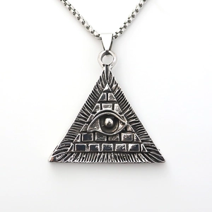 Vintage silver triangle pyramid necklace with all-seeing eye pendant on pearl chain