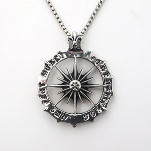 Vintage round compass pendant necklace with stainless steel box chain for men