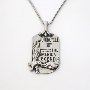 Vintage silver eagle pendant necklace with motorcycle boy engraving on rectangular tag