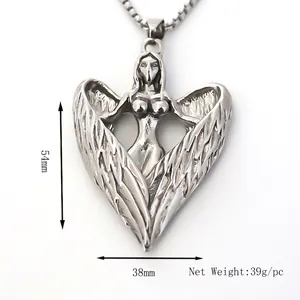 Polished stainless steel necklace featuring a creative angel wings heart-shaped pendant